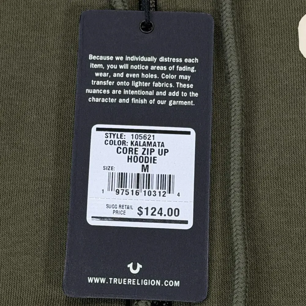 True Religion Core Zip Up Hoodie Mens Medium M Kalamata Olive Green Buddha NWT